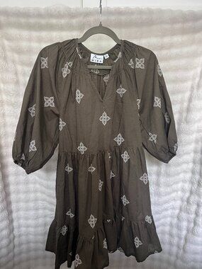 Mira Olive Green Embroidered Tiered Babydoll Mini Dress - Small